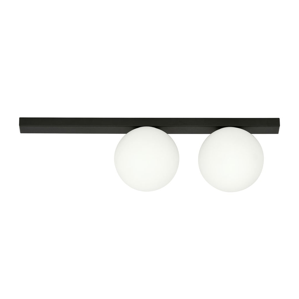 Zwarte plafondlamp met smalle stalen balk en twee ronde matte witte glazen kappen