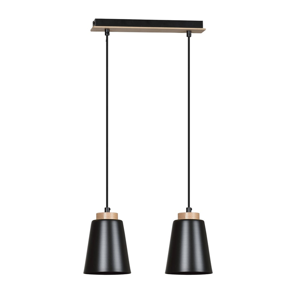 Zwarte hanglamp met twee stalen kappen en houten details aan een langwerpige plafondplaat