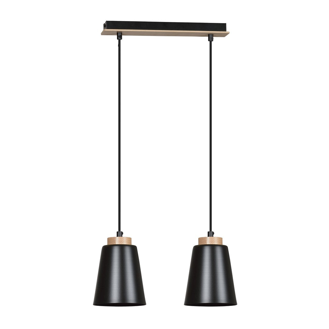 Zwarte hanglamp met twee stalen kappen en houten details aan een langwerpige plafondplaat