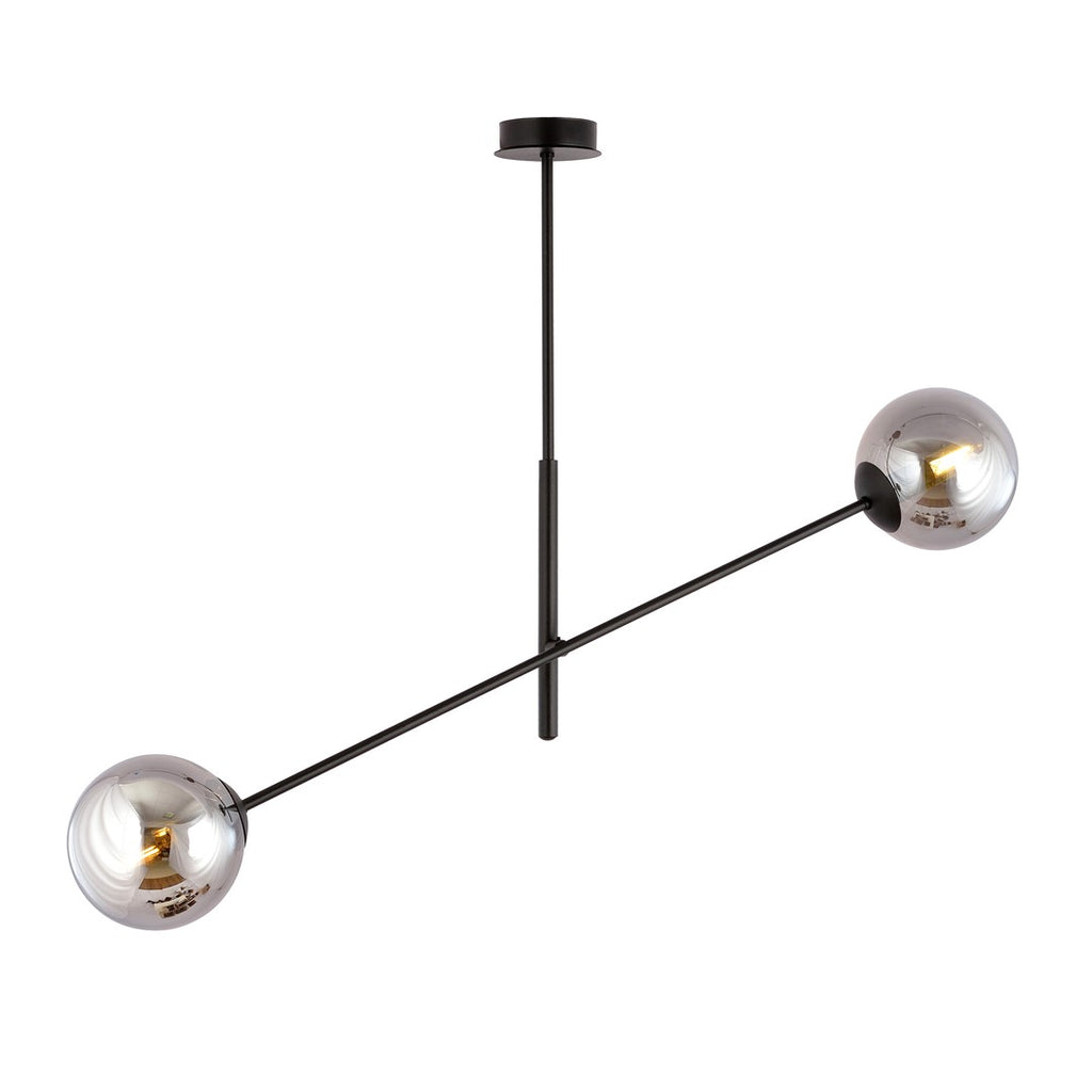 Zwarte hanglamp met dunne stalen arm en twee ronde kappen van grafietkleurig glas