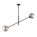 Zwarte hanglamp met dunne stalen arm en twee ronde kappen van grafietkleurig glas