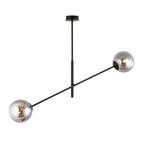 Zwarte hanglamp met dunne stalen arm en twee ronde kappen van grafietkleurig glas