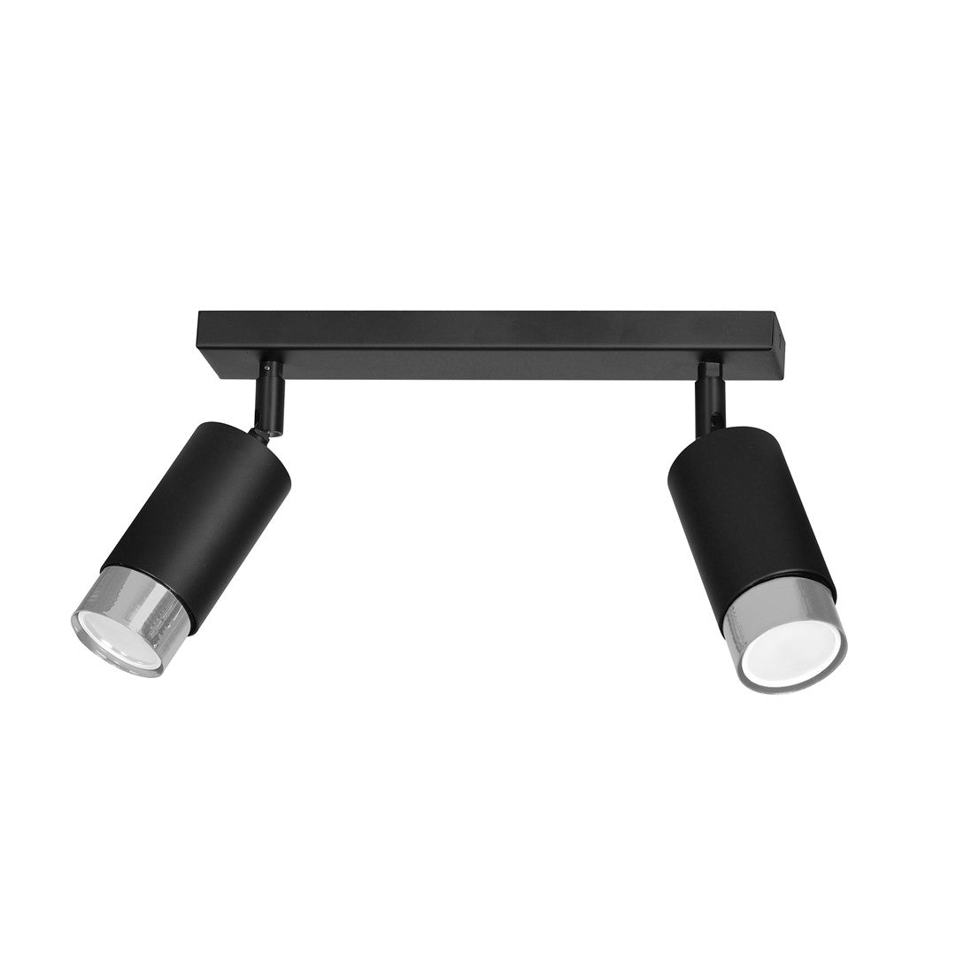 Zwarte plafondlamp met twee verstelbare spots met zilverkleurige rand op een rechthoekige plafondplaat