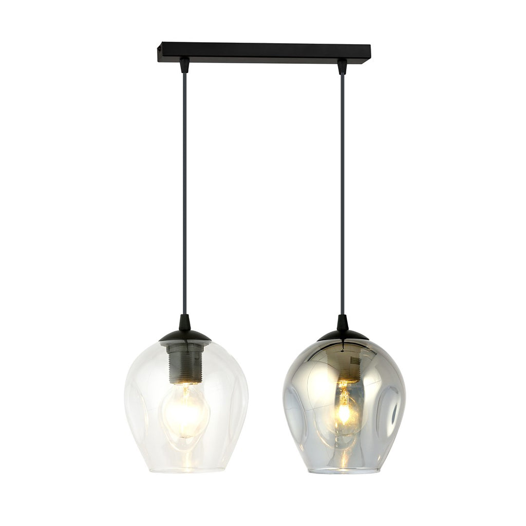 Zwarte hanglamp met twee glazen kappen, één transparant en één grafiet, aan een smalle zwarte balk