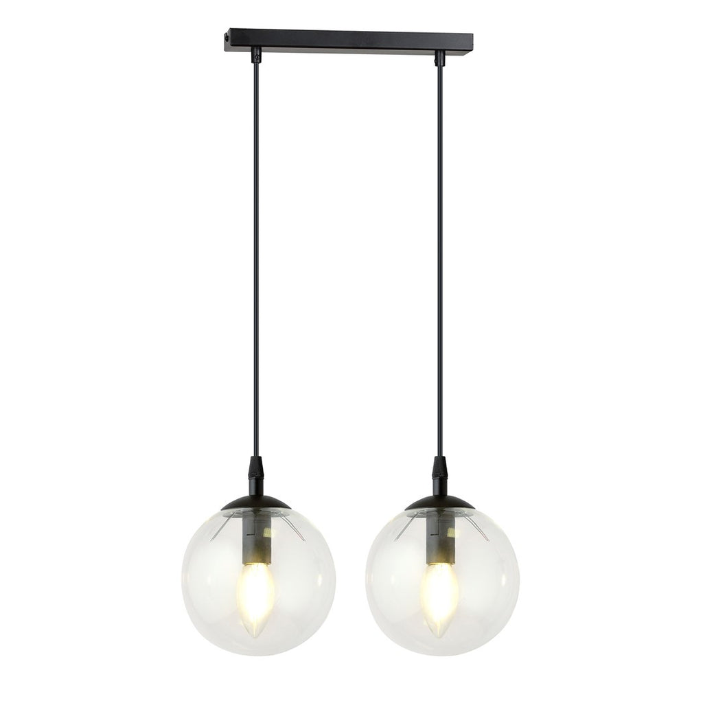 Zwarte hanglamp met twee transparante glazen bolkappen en lichtbron, opgehangen aan een smalle plafondbalk