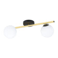 Plafondlamp met gouden buis, zwarte plafondplaat en twee witte glazen bollen