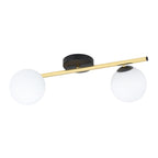 Plafondlamp met gouden buis, zwarte plafondplaat en twee witte glazen bollen