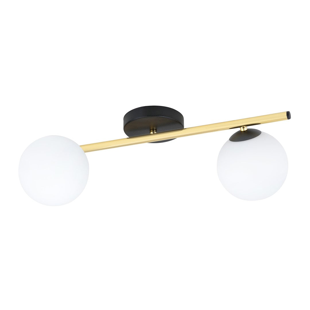 Plafondlamp met gouden buis, zwarte plafondplaat en twee witte glazen bollen