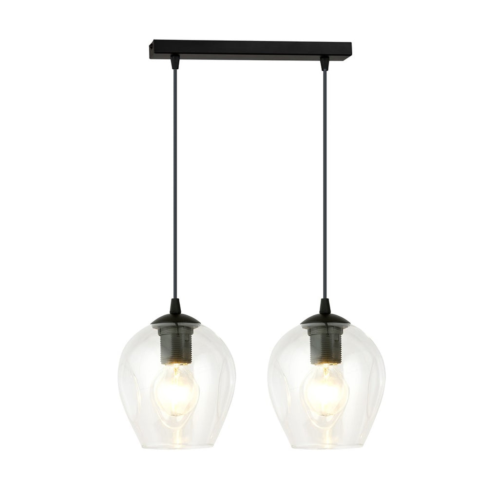 Zwarte hanglamp met twee transparante glazen kappen aan een rechthoekige plafondplaat