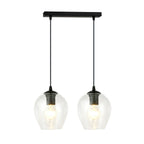 Zwarte hanglamp met twee transparante glazen kappen aan een rechthoekige plafondplaat