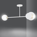 Witte plafondlamp Minerva met horizontale arm, een glazen bol links en een kap met zichtbare lamp rechts