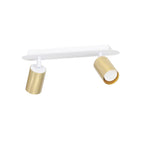 Witte plafondlamp met twee richtbare spots met messingkleurige kappen op een langwerpige plaat
