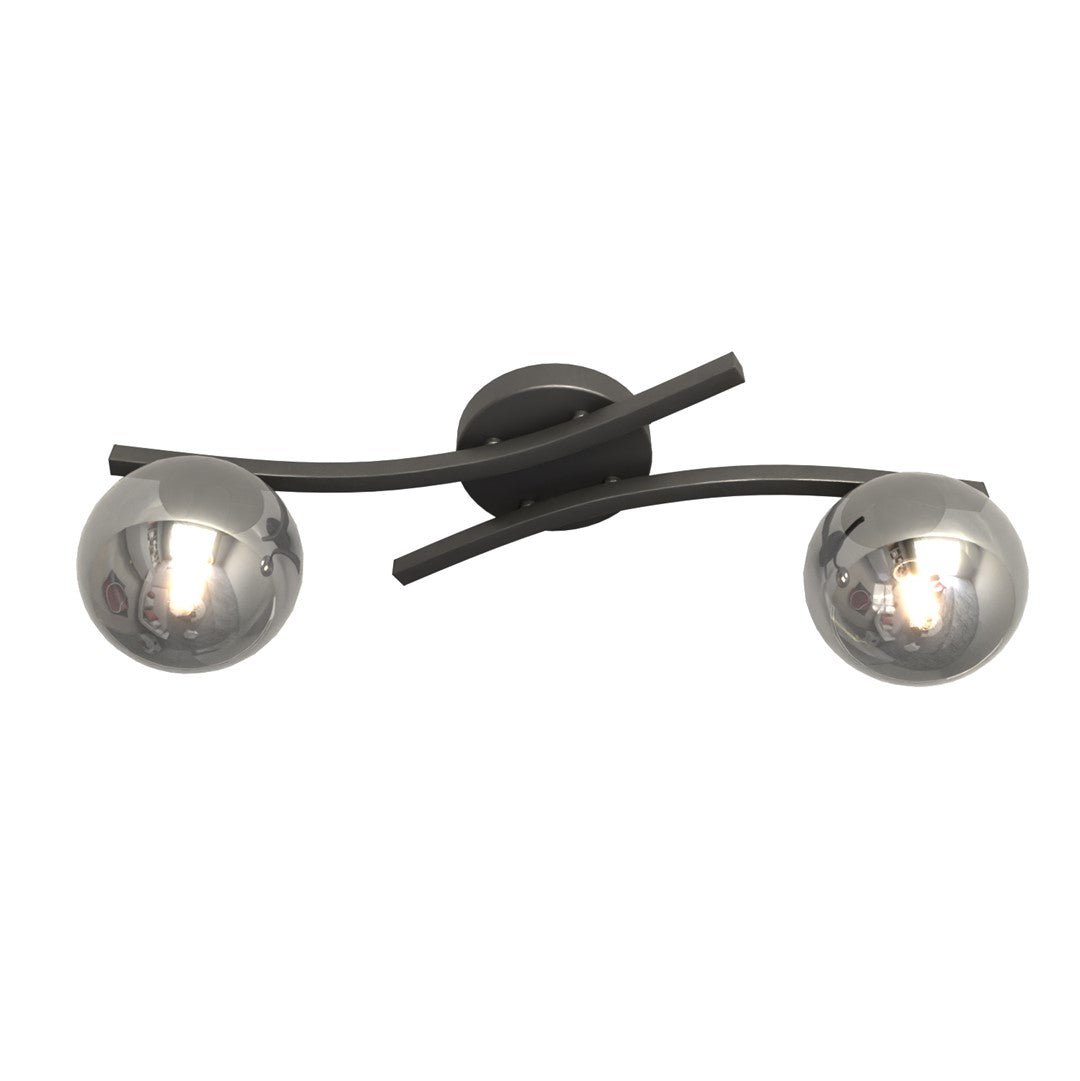 Zwarte plafondlamp met twee gebogen armen en twee ronde grafiet glazen kappen met brandende lamp