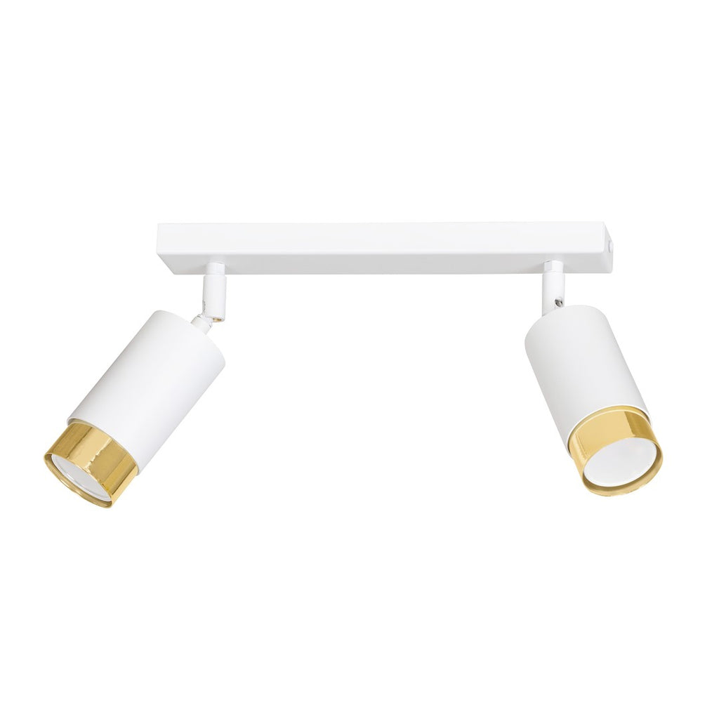 Witte plafondlamp met twee verstelbare cilindervormige spots met gouden rand aan een rechthoekige balk