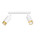 Witte plafondlamp met twee verstelbare cilindervormige spots met gouden rand aan een rechthoekige balk