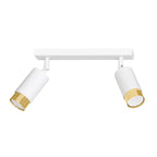Witte plafondlamp met twee verstelbare cilindervormige spots met gouden rand aan een rechthoekige balk