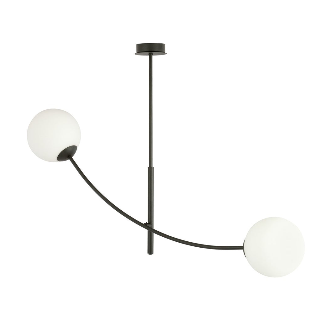 Zwarte plafondlamp met gebogen stalen arm en twee ronde witte glazen kappen