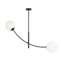 Zwarte plafondlamp met gebogen stalen arm en twee ronde witte glazen kappen