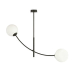Zwarte plafondlamp met gebogen stalen arm en twee ronde witte glazen kappen