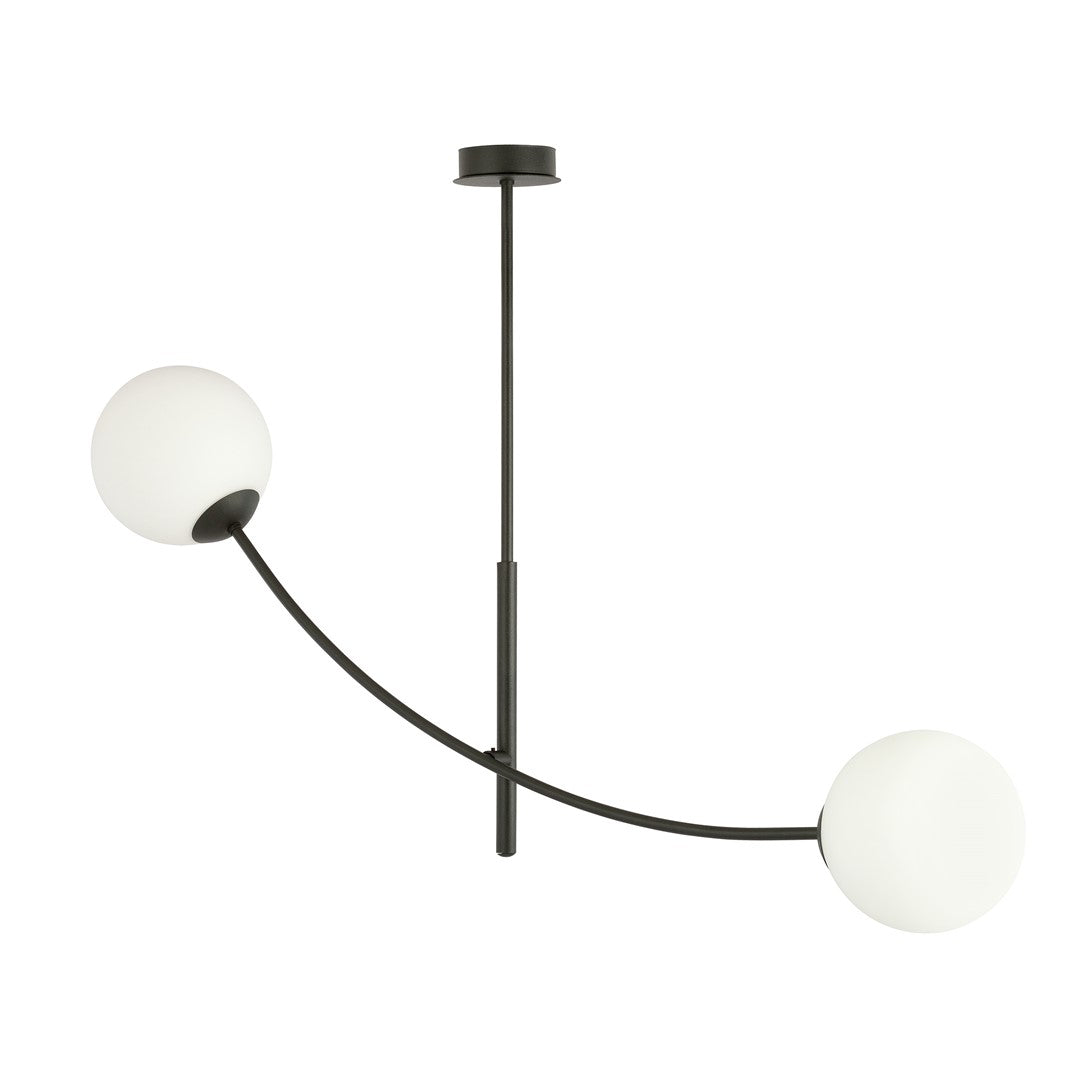 Zwarte plafondlamp met gebogen stalen arm en twee ronde witte glazen kappen