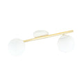 Plafondlamp met gouden buis, witte ronde plafondplaat en twee opaalwitte glazen bollen