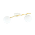 Plafondlamp met gouden buis, witte ronde plafondplaat en twee opaalwitte glazen bollen