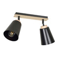 Zwarte plafondlamp met twee kegelvormige spots en houten accenten op een rechthoekige montageplaat