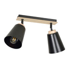 Zwarte plafondlamp met twee kegelvormige spots en houten accenten op een rechthoekige montageplaat