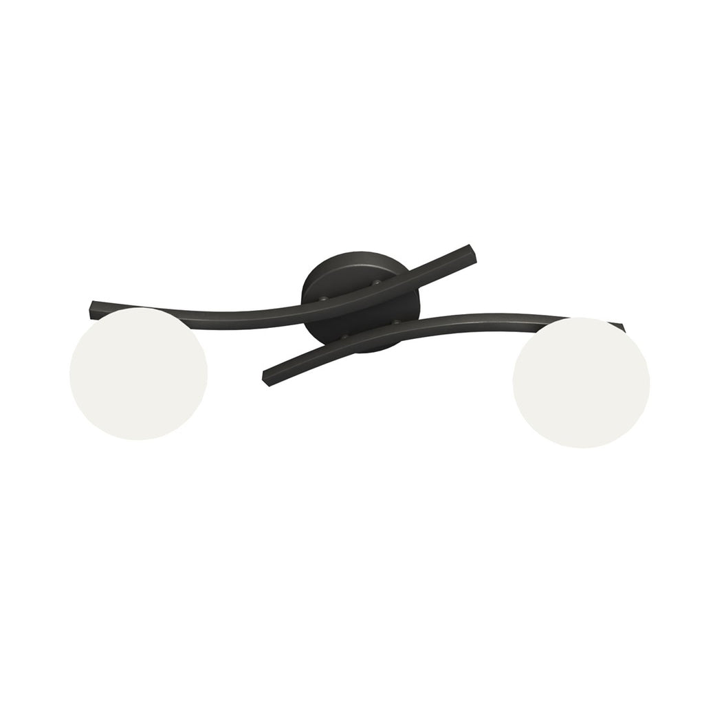 Zwarte plafondlamp met twee gebogen armen en twee ronde witte glazen kappen