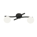 Zwarte plafondlamp met twee gebogen armen en twee ronde witte glazen kappen