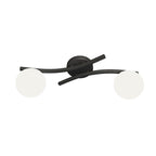 Zwarte plafondlamp met twee gebogen armen en twee ronde witte glazen kappen