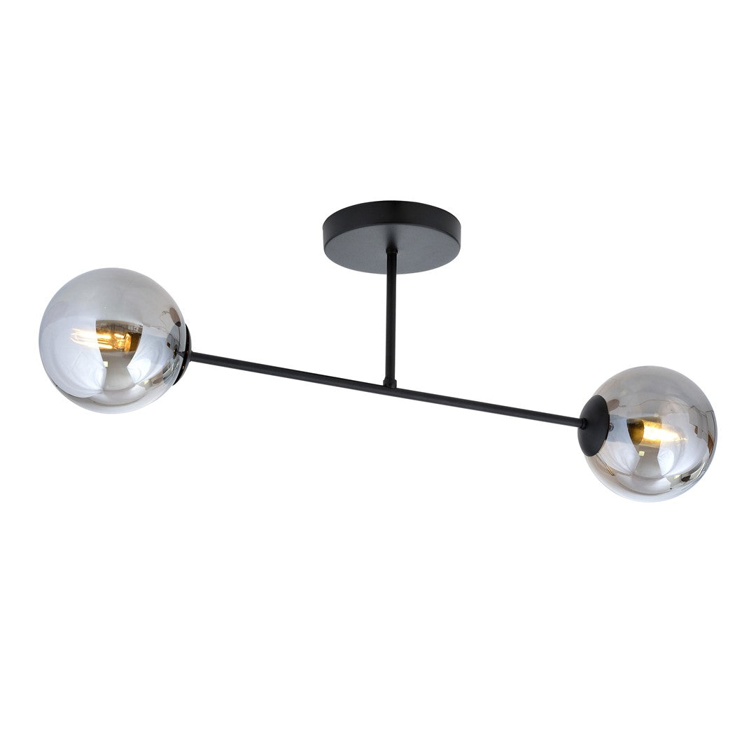 Zwarte plafondlamp met horizontale arm en twee grafietkleurige glazen bollen met zichtbare lichtbron