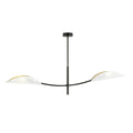 Zwarte plafondlamp met twee bladvormige witte kappen met gouden accenten aan een gebogen arm