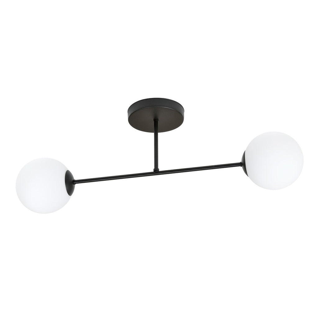 Zwarte plafondlamp met horizontale stang en twee ronde witte kappen aan een ronde plafondplaat
