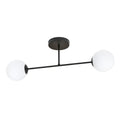 Zwarte plafondlamp met horizontale stang en twee ronde witte kappen aan een ronde plafondplaat
