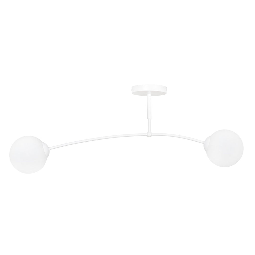 Witte plafondlamp met gebogen arm en twee melkwitte glazen bollen