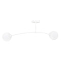 Witte plafondlamp met gebogen arm en twee melkwitte glazen bollen