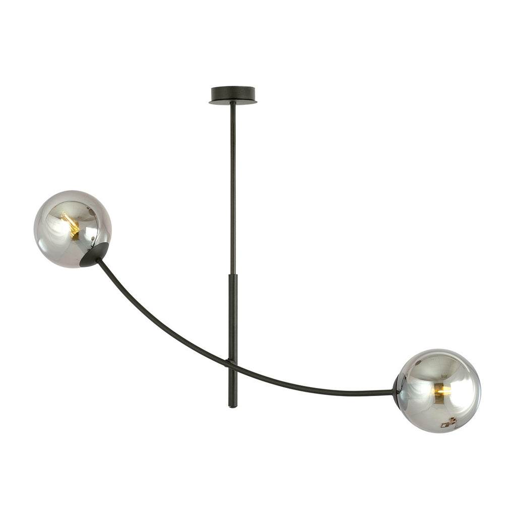 Zwarte plafondlamp met gebogen arm en twee ronde grafietkleurige glazen kappen