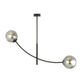 Zwarte plafondlamp met gebogen arm en twee ronde grafietkleurige glazen kappen
