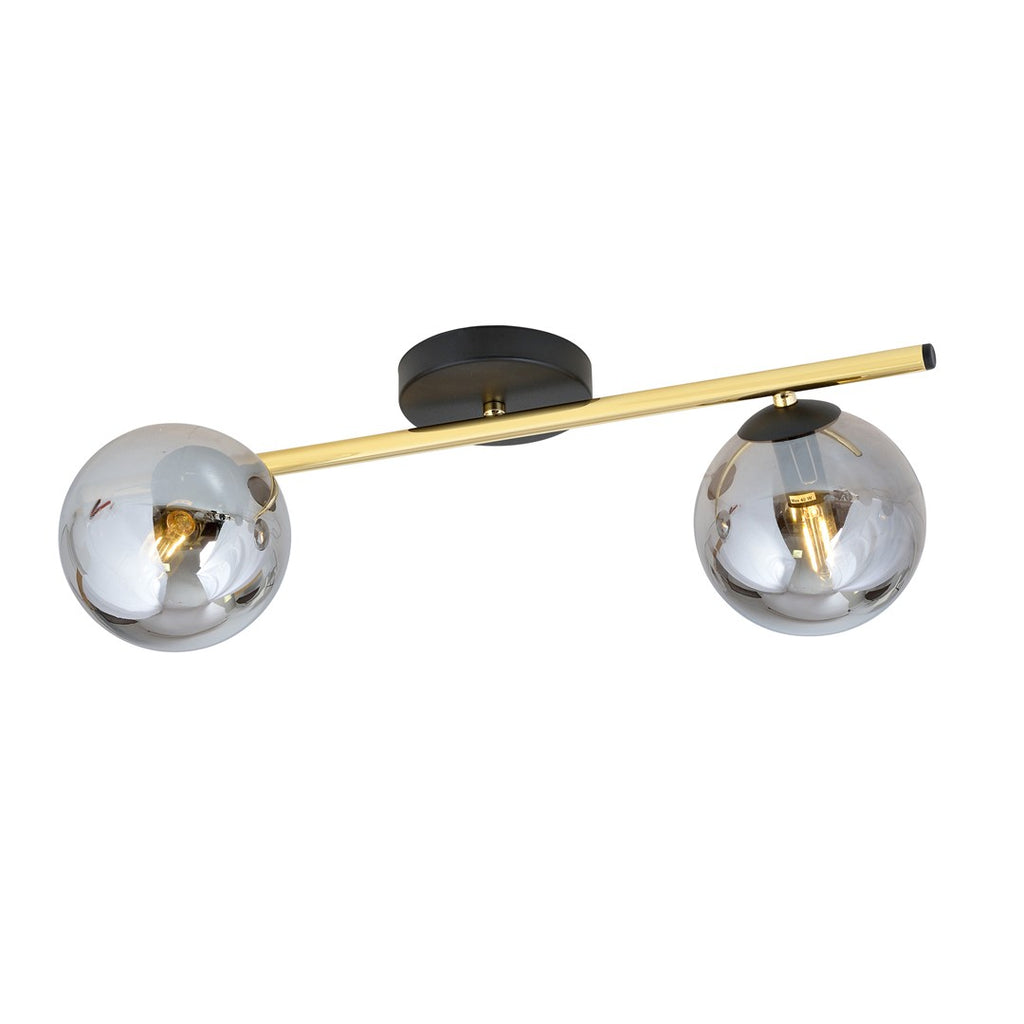 Plafondlamp met gouden buis, zwarte plafondplaat en twee grafietkleurige glazen bolkappen