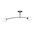 Zwarte plafondlamp met gebogen arm en twee witte glazen bolkappen