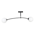 Zwarte plafondlamp met gebogen arm en twee witte glazen bolkappen