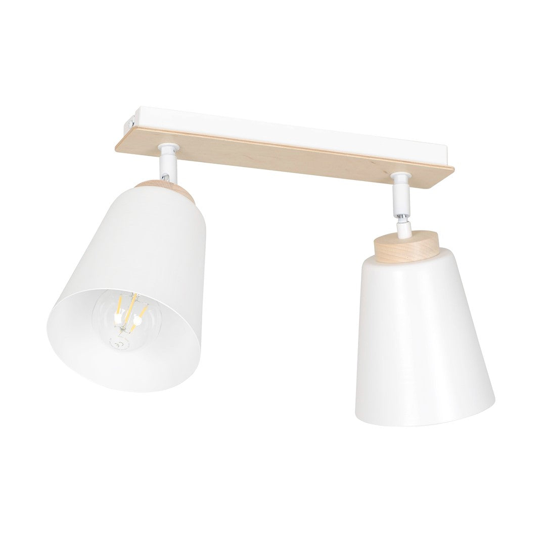 Witte plafondlamp met twee spots op een houten montageplaat, één spot met zichtbare filamentlamp