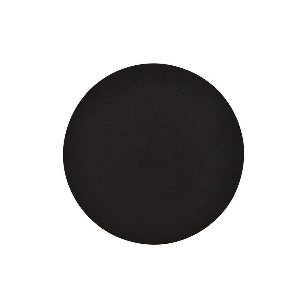 Ronde zwarte wandlamp van gepoedercoat staal met minimalistisch ontwerp, vooraanzicht op witte achtergrond