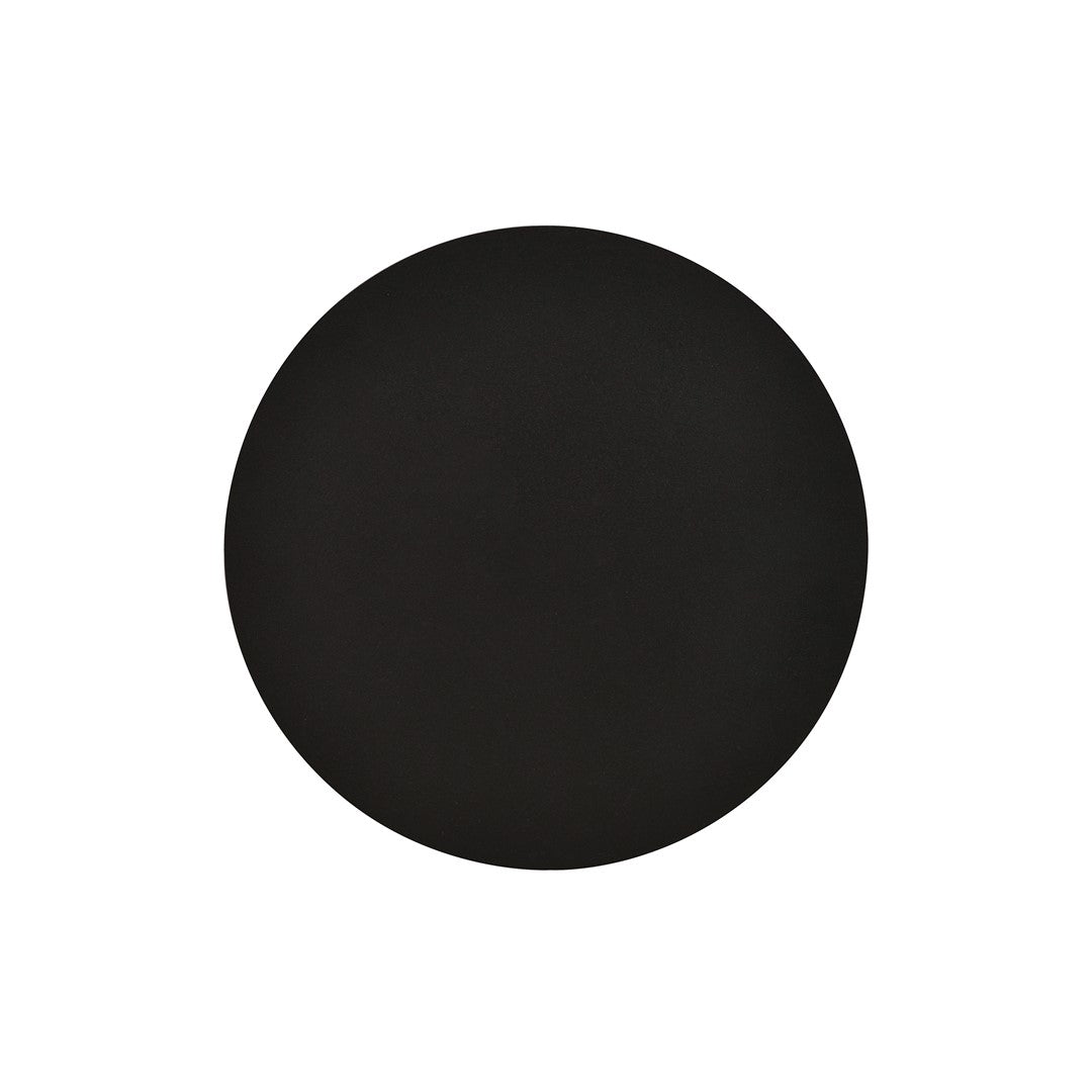 Ronde zwarte wandlamp van gepoedercoat staal met minimalistisch ontwerp, vooraanzicht op witte achtergrond