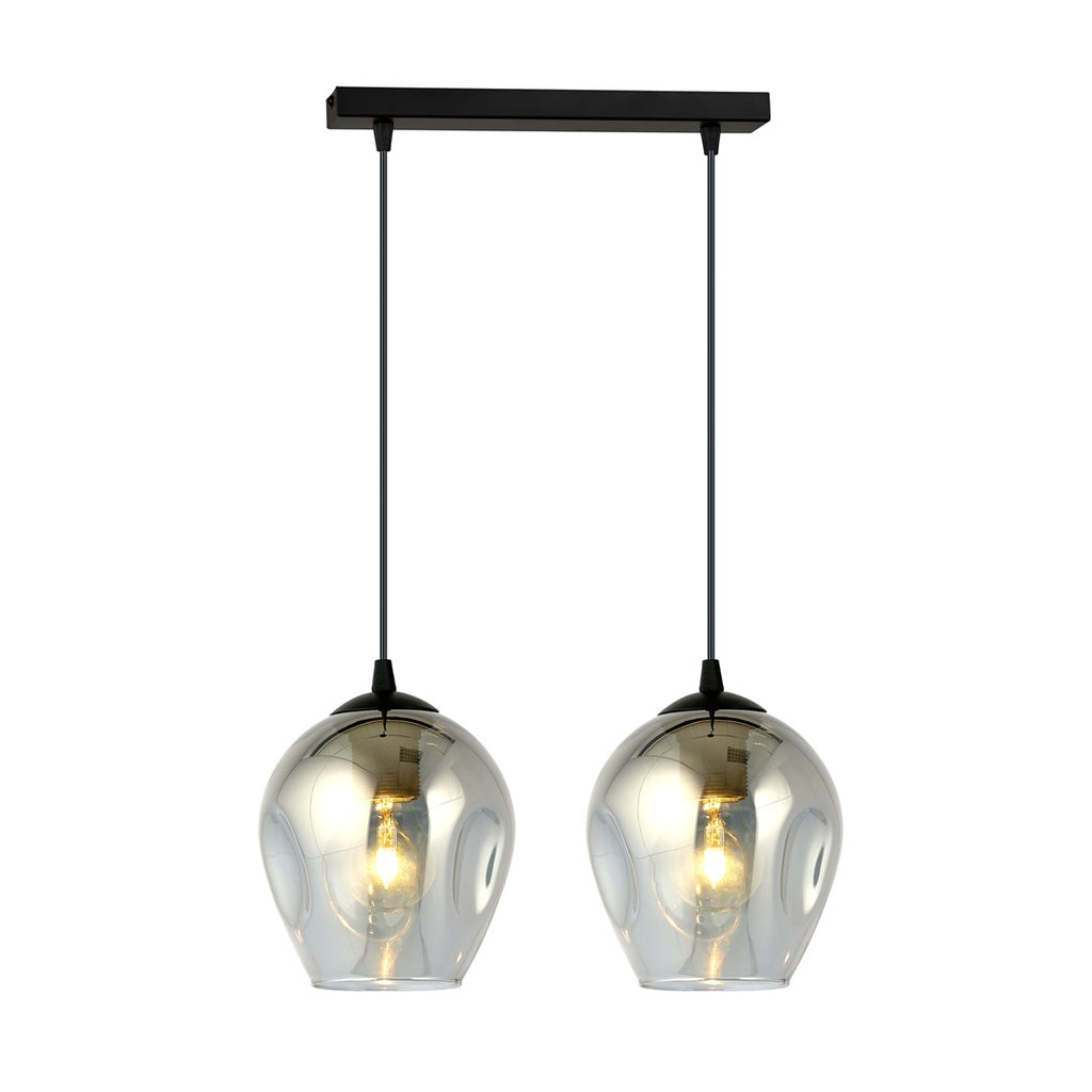Hanglamp met twee grafiet glazen kappen aan zwarte stalen balk, met brandende lichtbronnen