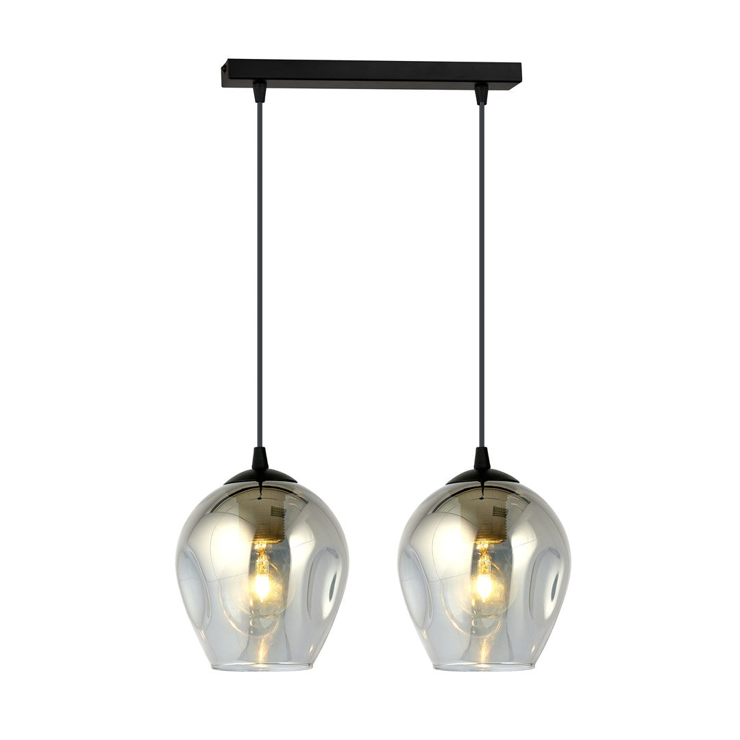 Hanglamp met twee grafiet glazen kappen aan zwarte stalen balk, met brandende lichtbronnen