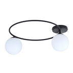 Zwarte plafondlamp met open metalen ring en twee ronde witte glazen kappen