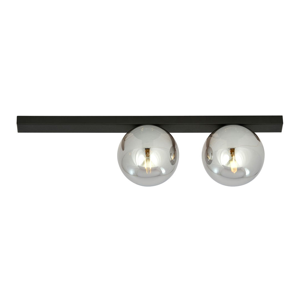 Zwarte plafondlamp met smal frame en twee ronde grafietkleurige glazen kappen met zichtbare lichtbron