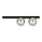 Zwarte plafondlamp met smal frame en twee ronde grafietkleurige glazen kappen met zichtbare lichtbron